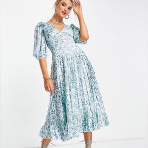 ASOS Design Satin Pleated Floral Puff Sleeve Midi Tea Dress